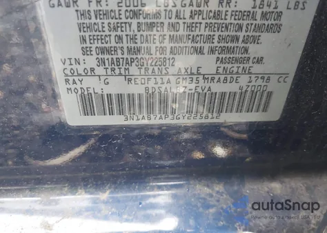 2016 Nissan Sentra S z USA, uszkodzony, nr VIN 3N1AB7AP3GY225812